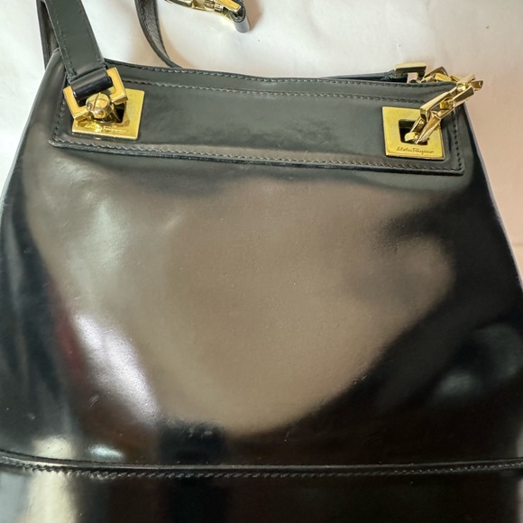 Salvatore Ferragamo Black Patent Leather Shoulder Bag with Gold-Tone Chain - Picture 10 of 11
